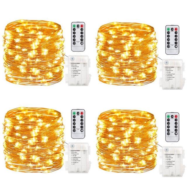 GDEAER TS11 4 Pack 16.4 Feet 50 Led Fairy Lights Battery Operated with Remote Control Timer Waterproof Copper Wire Twinkle String Lights for Halloween Bedroom Indoor Outdoor Wedding Dorm Warm White