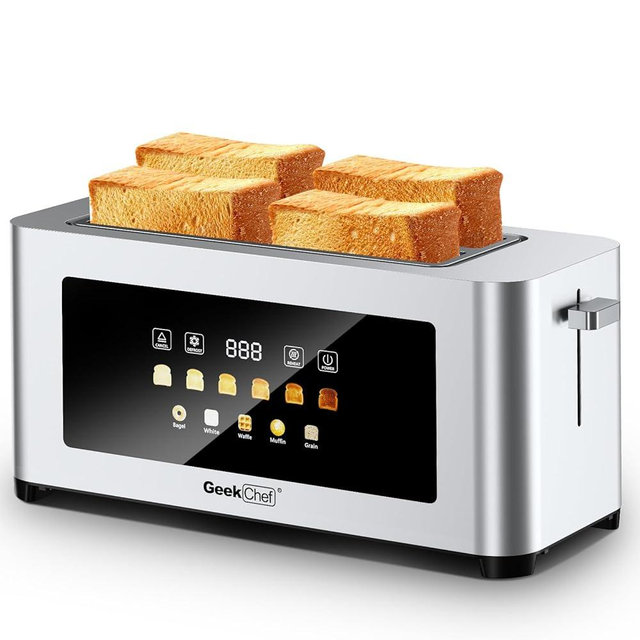 Geek Chef Long Slot Toaster 4 Slice, 1.5" Touch Screen Extra Wide Slots for Bagels & Waffles, 6 Browning Levels, Timer, Reheat, Defrost, Cancel Function, Removable Crumb Tray, Stainless Steel