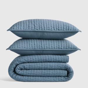 European Linen Cotton Stitch Quilt Set - Glacier Blue, Full/Queen