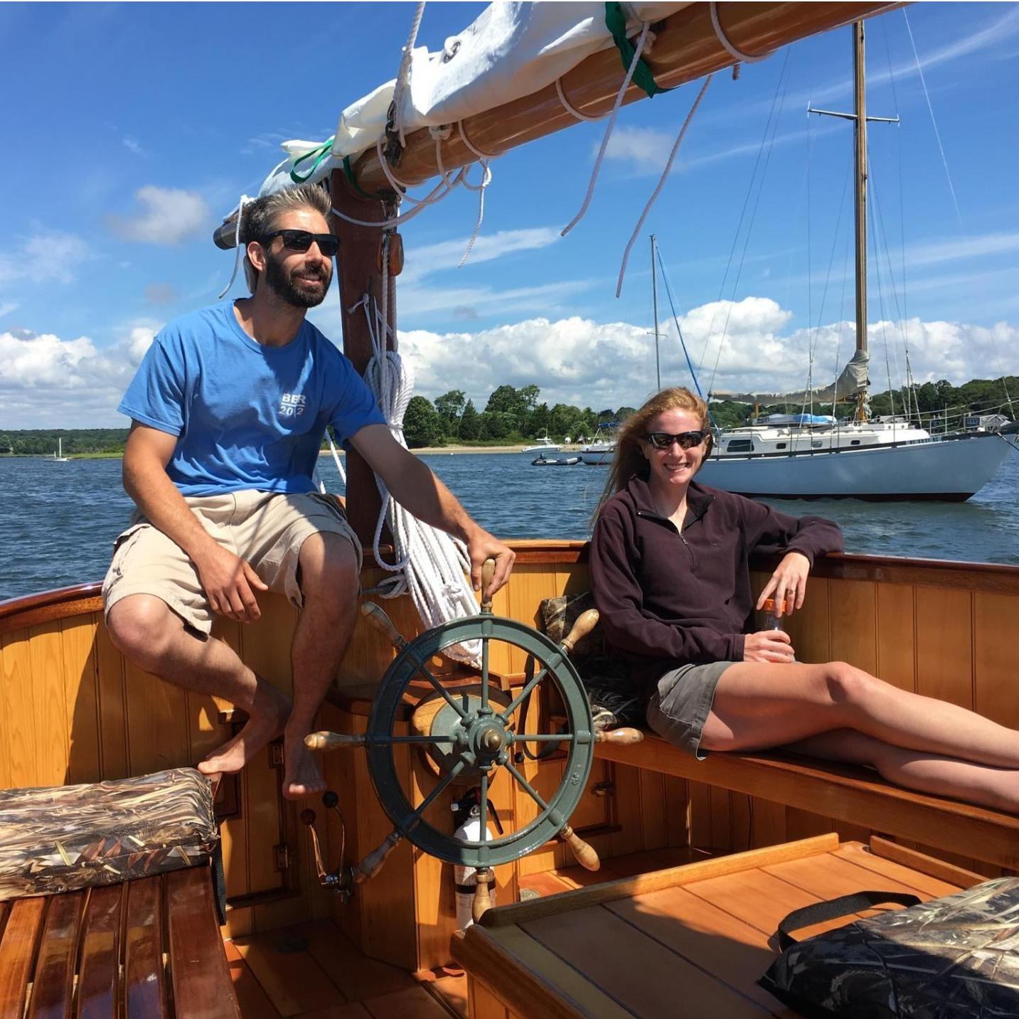 First day racing the catboat. with Bob and Linda  Liz left her DNA in the boat that day - does that officially join her to the family?