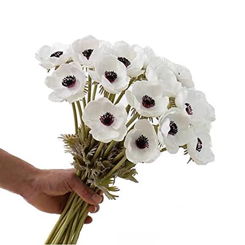 Romase 7pcs Artificial Anemone Full Blooming Flower Bushes with Green Foliage for Home, Restaurant, Office & Wedding Decor (White)
