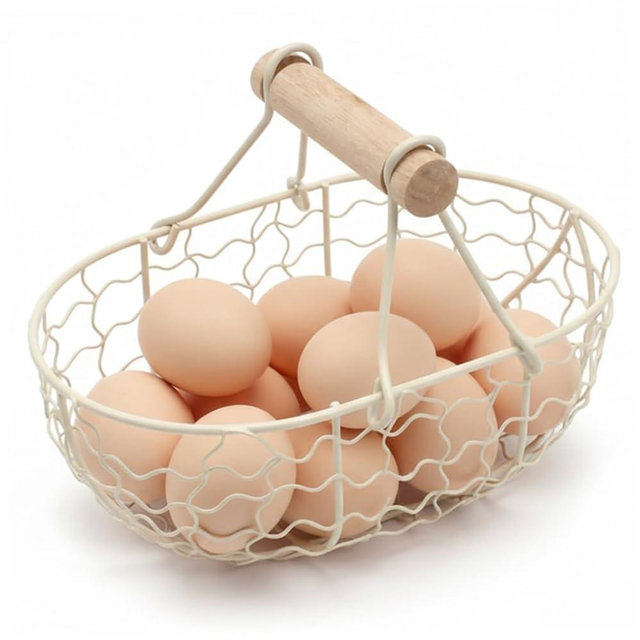 Egg Basket, Small Farmhouse Wire Basket with Wooden Handle Rustic Countertop Holder and Storage for Gathering Fresh Eggs, Egg Holder