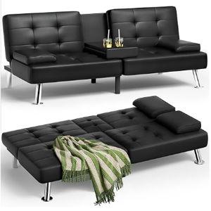 Leather Futon Couch with Removable Armrests