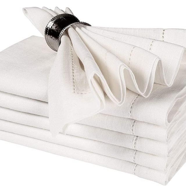 100% Linen Cocktails Napkins With Hemstitched 18x18 inch White, Wedding Napkins, Dinner Napkin,Fabric Cloth Napkins, Cotton Napkins Mitered Corners,100% Linen Napkin Set Of 6