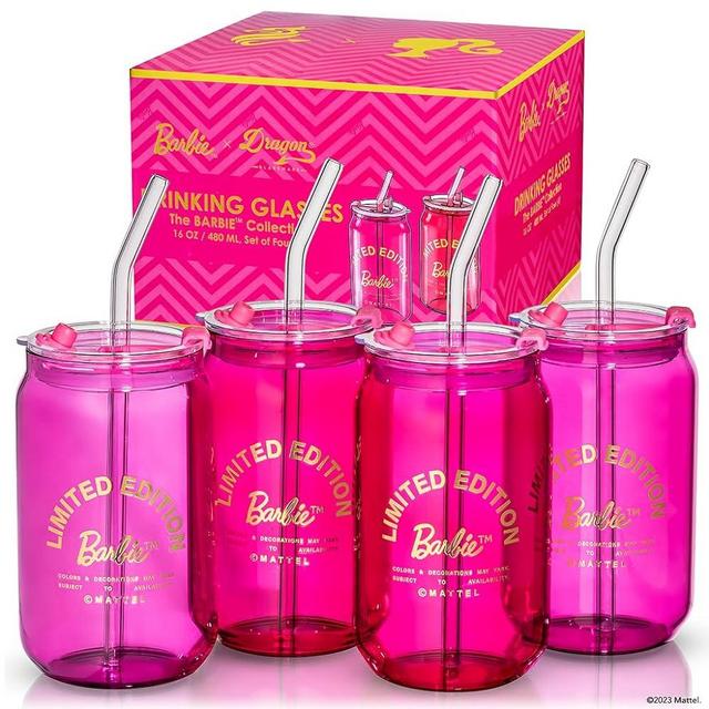 Dragon Glassware x Barbie Drinking Glasses, Pink and Magenta Can Shaped Cups, Perfect for Iced Coffee, Smoothies, Cocktails, Comes with Removable Lids & Glass Straws, 16 oz Capacity, Set of 4