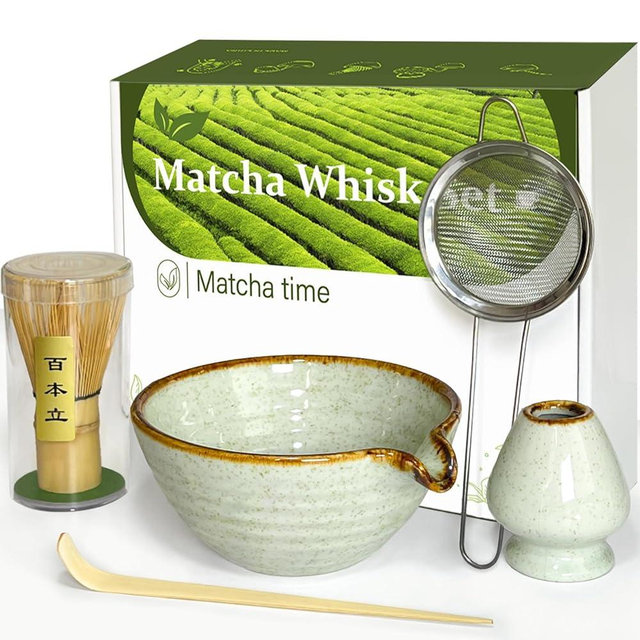 Vaiheng Matcha Whisk Set with Matcha Bowl, Matcha Whisk Holder Matcha Bamboo Whisk, Scoop, Sifter, Unique Gifts for Women Men Girl Friend Home Kitchen Decor Gifts for Tea Enthusiasts Christmas