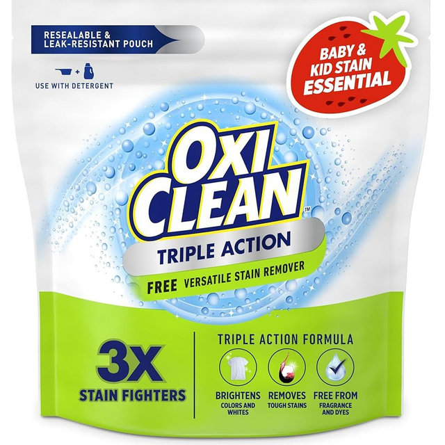 OxiClean Triple Action Free Versatile Stain Remover Powder, Use with Detergent, No Fragrance, No Dyes, No Chlorine, Removes Stains, Brightens Colors and Whites, 4 lbs
