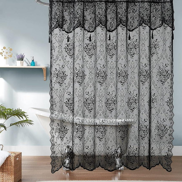 Warm Home Designs Black Lace Shower Curtain 72 x 84 Inches with Attached Valance & 7 Tassels. Luxury Farmhouse Shower Curtains for The Bathroom or Boho Shower Curtains for Bathroom. LA Black 84"