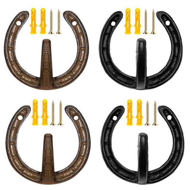 JDBZYDM 4 PCS Cast Iron Horseshoe Wall Hooks Heavy Duty Vintage Hooks Hanger for Coat Hat Towel Bag Key