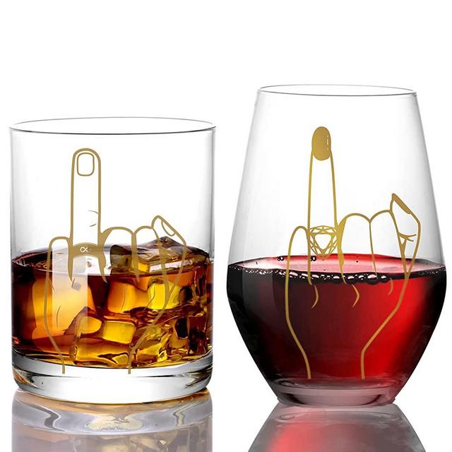 Bridal Shower Gift - Funny Engagement Gifts for Couples,Ring Finger Wine&Whiskey Glass,Gift for Mr and Mrs,Newlywed,His and Hers18.5,13.8OZ(Gold)