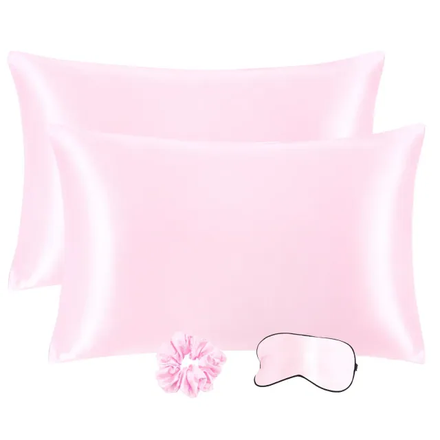 PiccoCasa Machine Washable Satin Zippered Pillowcase with Eye Mask & Scrunchie 2 Pcs Pink Standard