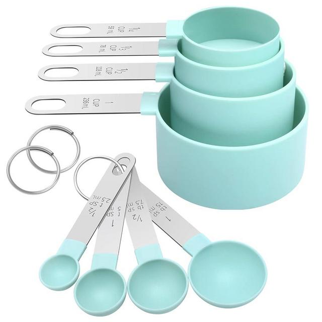 Measuring Cups Set Measuring Spoons Set, Nesting Measure Cups with Stainless Steel Handle, For Measuring Dry and Liquid Ingredients Small Teaspoon with Plastic Head (Mint Green)