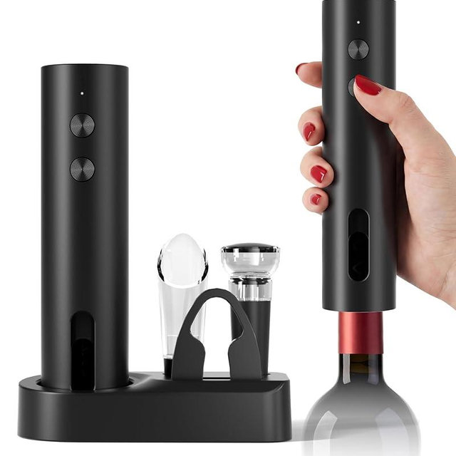 Rechargeable 5-in-1 Electric Wine Opener Set, Cordless Automatic Wine Bottle Opener with Foil Cutter, Aerator Pourer, Vacuum Stopper & Storage Base, Ideal for Home Bar, Party, Wedding Gifts