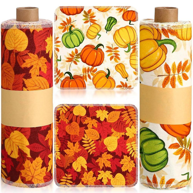 Redbaker 50 Pcs Reusable Paper Towels Paperless Reusable Cotton Cloths Toilet Absorbent Washable Paper Towels with Roll Kitchen Dishcloth for Kitchen Paperless Dishcloths(Pumpkin)