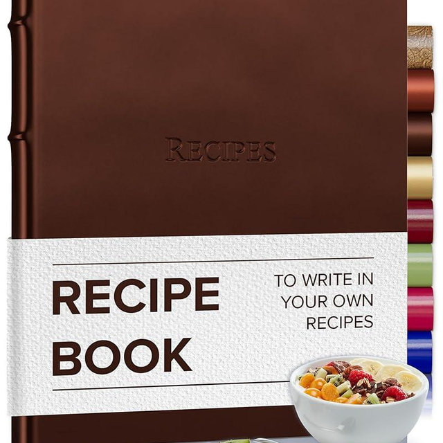Gallery Leather Recipe book to write in your own recipes - 3 Ring Recipe Binder With Plastic Sleeves, Blank, 25 Pocket Pages and Ivory Cards, Fillable - Freeport Metallic Bronze - 9.25 x 8 "