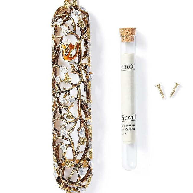 Creative Judaica Grapes on Vine Mezuzah Case 6" Décor for Home Door Enamel Made from Strong Materials and Embellished with Crystals Cover for Hebrew Scroll Parchment Handmade Art (Gold | Brown)