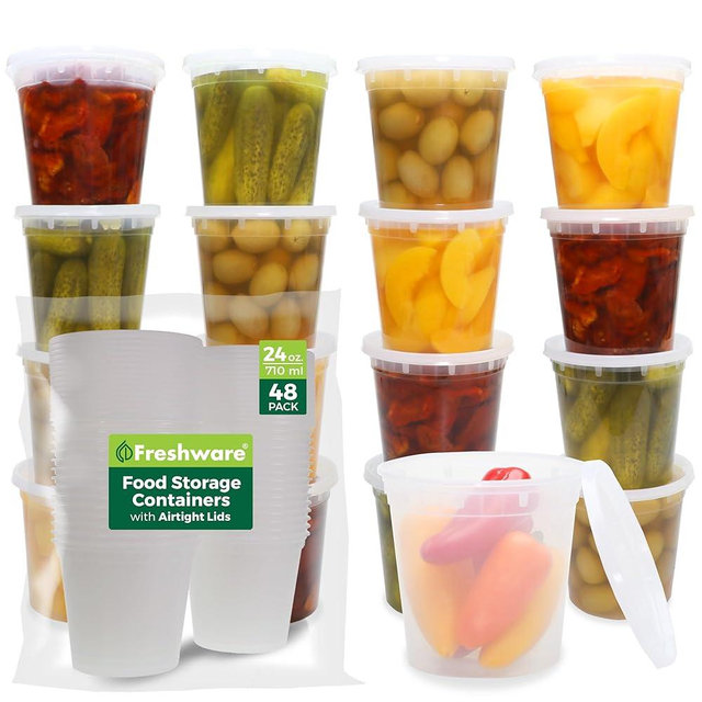Freshware Food Storage Containers [48 Set] 24 oz Plastic Deli Containers with Lids, Slime, Soup, Meal Prep Containers, BPA Free, Stackable, Leakproof, Microwave/Dishwasher/Freezer Safe