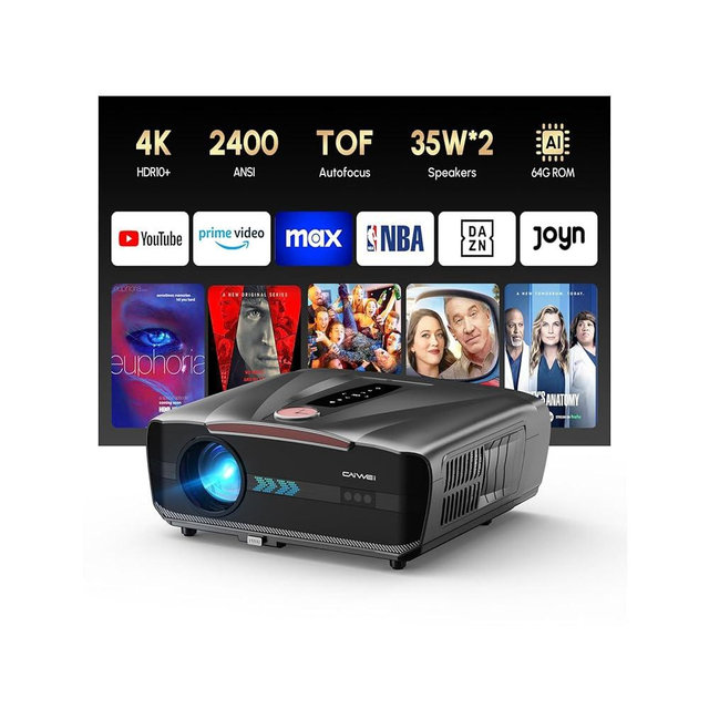 Daytime Projector 4K 2026 Upgraded 2400 ANSI [Auto Lens Cap] HDR10+ Ultra HD Smart Projector with AI-PQ ToF Autofocus HDMI eARC 64GB Dolby Audio for Movie Night Home Theater Gaming Daylight Viewing