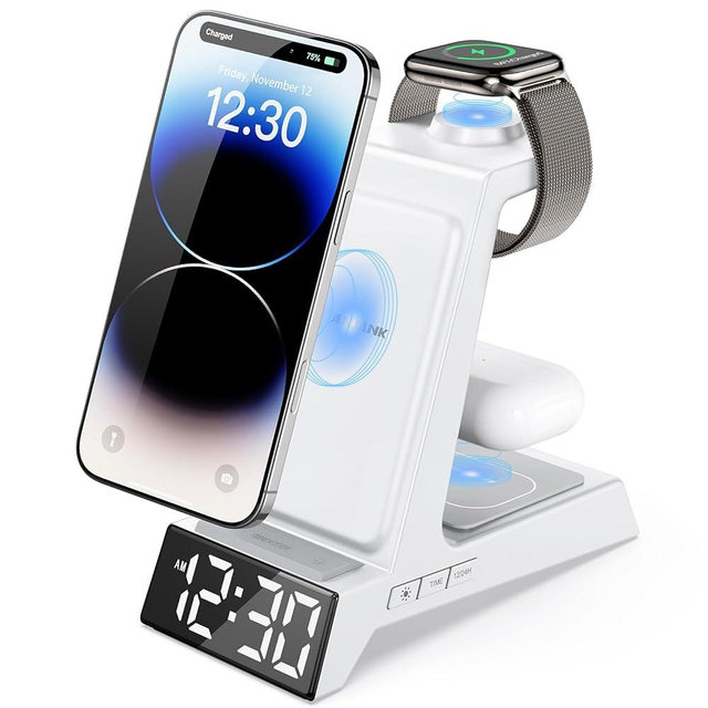 ANJANK 4 in 1 Alarm Clock with Wireless Charging, Wireless Charger Station for Multiple Devices Apple,Charging Dock for iPhone 17 16 15 14 13 12 Pro Max Series, Apple Watch, AirPods Pro 3/Pro 2/4/3/2