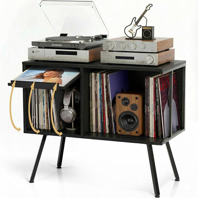 Faesun Flip Top Record Player Stand, Large Turntable Stand Holds up to 150+ Albums, Vintage Mid Century Record Player Table, Stereo Cabinet with Open Storage, for Living Room, Bedroom, Black