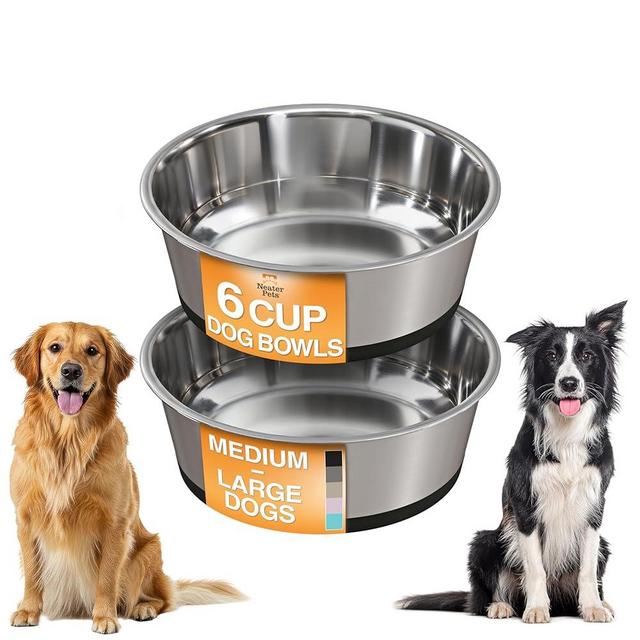 Neater Pet Brands Stainless Steel Dog Bowls with Non-Slip Rubber Bottom – Set of 2, 6 Cup (48 oz), Black - Heavy Duty Metal Dog Bowl, Dishwasher Safe, Food or Water Bowl, Ideal for Large Dogs