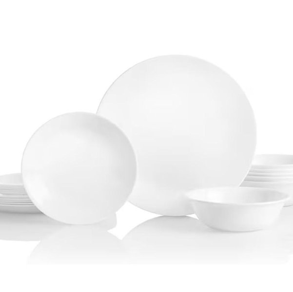 Corelle Vitrelle 18-Piece Service for 6 Dinnerware Set Triple Layer Glass and Chip Resistant, Lightweight Round Plates and Bowls Set, Winter Frost White