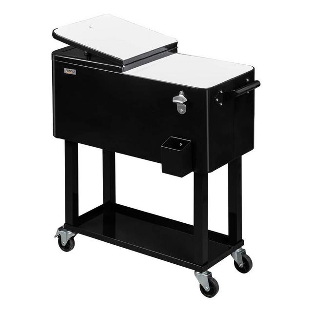 VINGLI 80 Quart Rolling Cart on Wheels, Portable Bar Drink Cooler, Beverage for Patio Pool Party, Ice Chest with Shelf,Bottle Opener,Water Pipe and Cover (Black)
