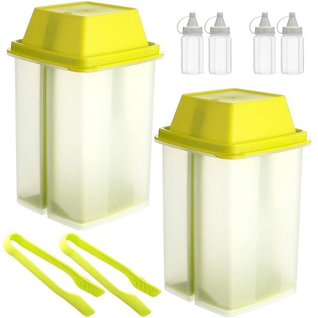 2 Pcs Pickle Storage Container with Strainer Flip Jalapeno Holder Plastic Pickle Jar, 2 Pcs Pickled Tongs and 4 Pcs Sauce Bottles for Food Kitchen Supplies