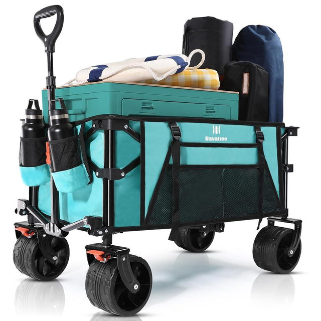 Navatiee 330lbs Collapsible Wagon Cart Foldable, Heavy Duty Beach Wagon with Big All-Terrain Wheels, Folding Utility Grocery Cart with Side Pocket and Brakes for Camping Garden Sports, Light Blue