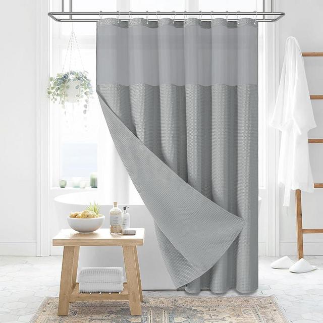 Dynamene Fabric Shower Curtain with Snap in Liner, Grey Waffle Hotel Shower Curtains for Bathroom, Washable Waterproof Cloth Shower Curtain Liner Set with Plastic Hooks, Mesh Top Window, 72x72, Gray