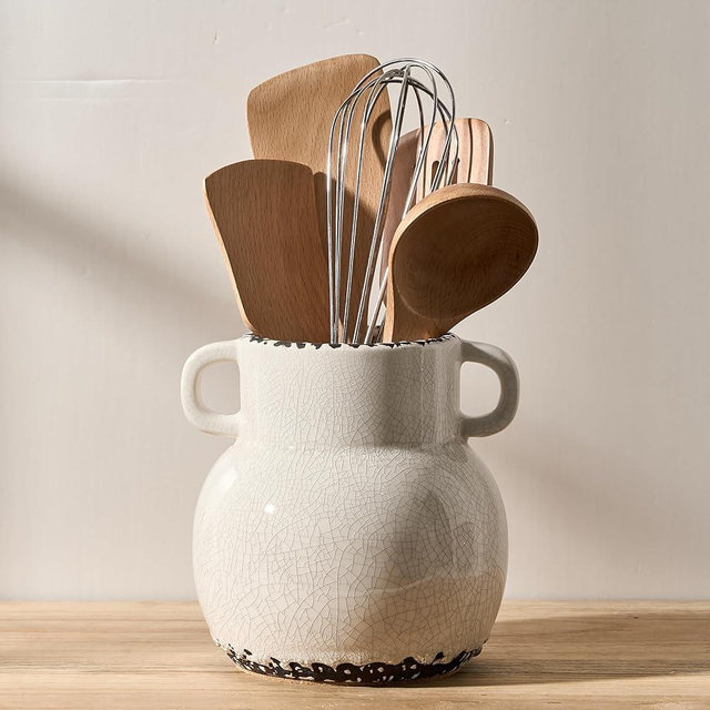 JIEMEI HOME Kitchen Utensil Holder with Handle, 6.85" Ceramic Farmhouse Stable Utensil Crock for Countertop, Utensil Organizer with Cork Bottom, Spatula Holder For Kitchen Decor, White