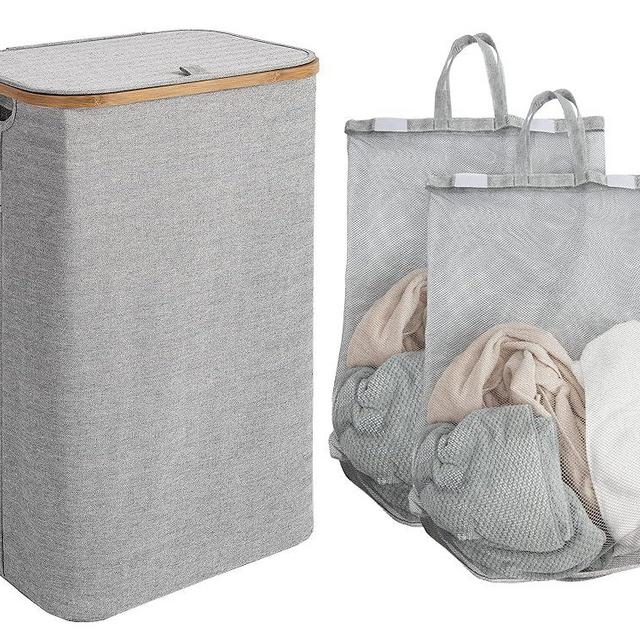 StorageWorks Large Laundry Hamper with Lid, 100L Tall Laundry Basket with Bamboo Handles and 2 Removable Inner Bag, Collapsible Laundry Hamper for Clothing, Toys, Towels, Grey, 1-Pack