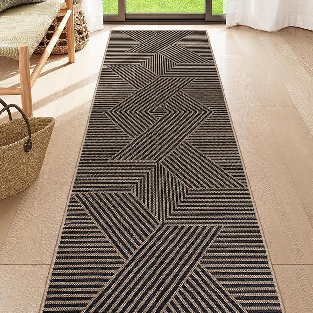 Lahome Modern Geometric Runner Rug, 2x8 Washable Rug Runners for Hallways Non Slip, Black Outdoor Runner Rug with Rubber Backing, Farmhouse Non Shedding Rug Runner for Kitchen Entryway