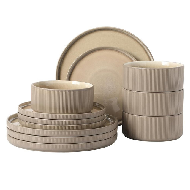 Gibson Elite Redrock Canyon 12-Piece New Bone China Dinnerware Set Service for 4, Reactive Glaze Plates and Bowls, Dishwasher and Microwave Safe, Taupe