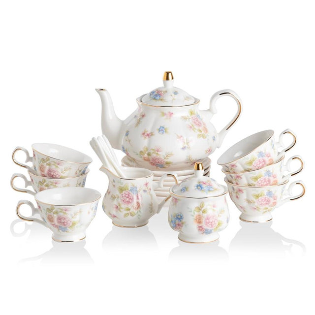 Sweejar Porcelain Tea Sets, Vintage British Floral Relief Gold Rimmed Teapot Cup and Saucer Set, Tea Set Service for 6, with Teapot, Sugar Bowl, Milk Jug, Spoons, Tea Cup and Saucer (Small Flower)
