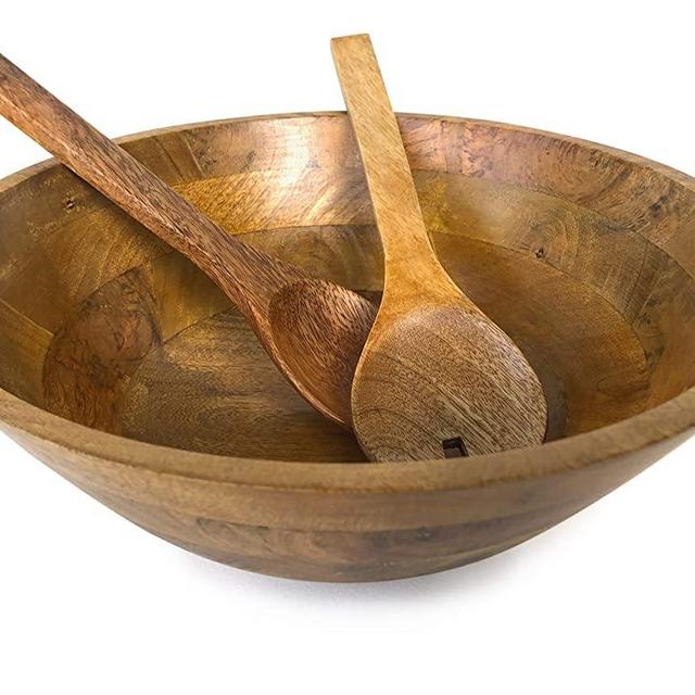 Fairwood Way Wooden Salad Bowl Set with Serving Utensils - 12 Inch Mango Wood Salad Bowl with Salad Tossers - Salad Spoon and Fork