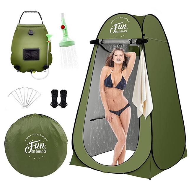 FUN ESSENTIALS Solar Shower Tent Kit, 2 Pcs, Instant Pop Up Privacy, Shower Tent, 5 Gallon Solar Shower Bag, Sun Canopy Beach Outdoor Camp Privacy Tent, Easy Set Up, Foldable