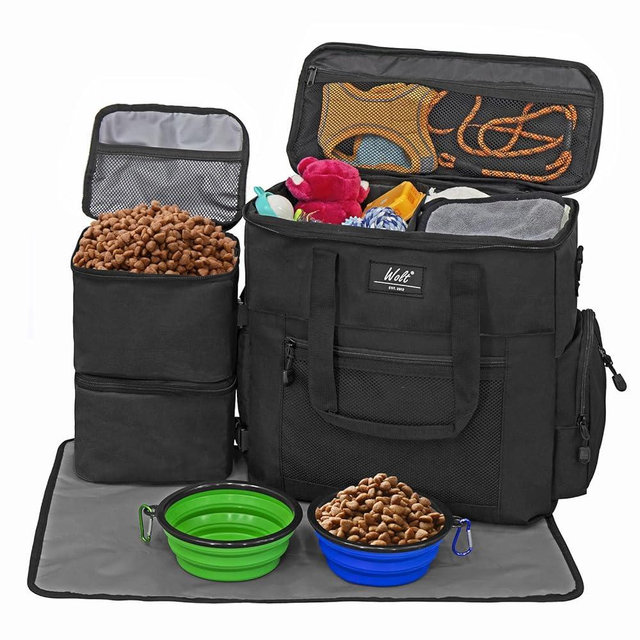 WOLT | Pet Travel Bag Kit for Dog Carrier & Travel, includes 2 Food Containers + 2 Collapsible Bowls + 1 Placemat, Airline Approved Organizer for Pet Supplies Essentials Camping, Hiking, Weekend Away