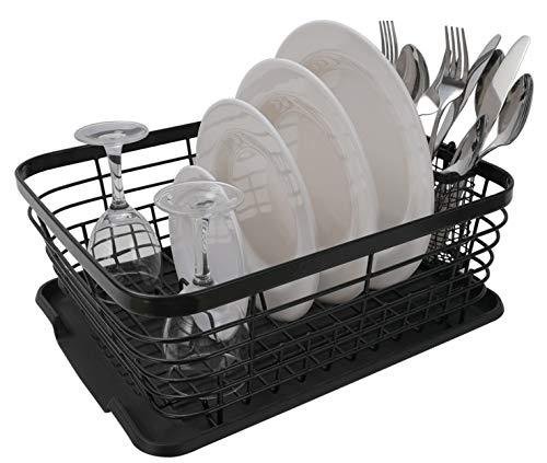 TQVAI Kitchen Dish Drainer Drying Rack with Drainboard Set and Full-Mesh Silverware Utensils Holder, Black