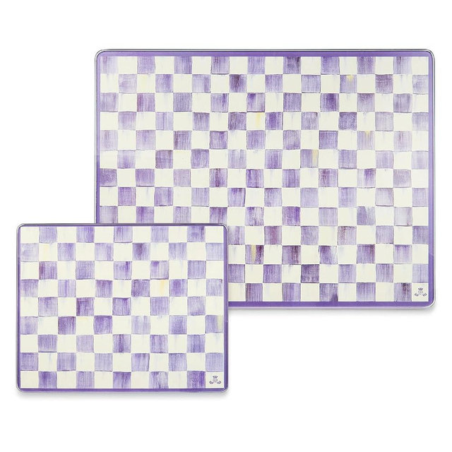 MACKENZIE-CHILDS Set of 2 Tempered Glass Cutting Boards, Countertop Cutting Boards, Purple-and-White Violet Check