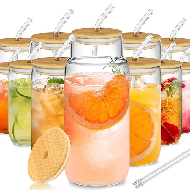 12Pcs Glass Cups with Lids and Straws - 16oz Can Shaped Drinking Glasses Set, Iced Coffee Cup, Beer Glasses Tumbler for Juice, Soda , Smoothie, Boba Tea, Whiskey, Cocktail Include 2 Cleaning Brushes