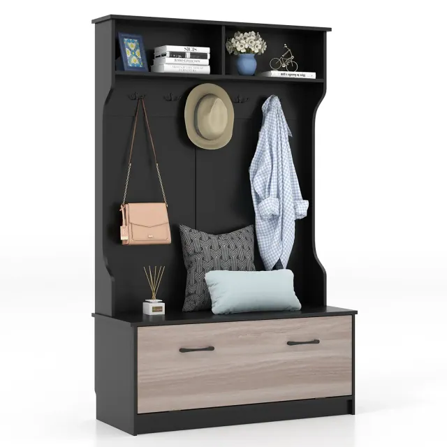 Costway 63 Inches Hall Tree with Coat Rack and Storage Bench Multifunctional Coat Rack Black