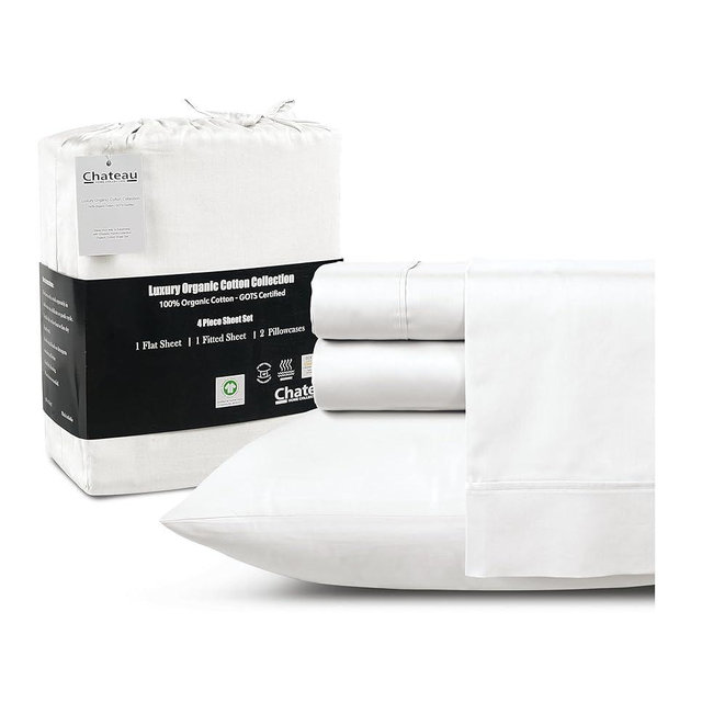 100% Organic Cotton Sheets King Size - 4Pc King Size Sheets, Luxurious Long Staple Cotton Sheets, Sateen Weave, Breathable Sheets For King Size Bed, GOTS Certified, Deep Pocket King Sheets - White