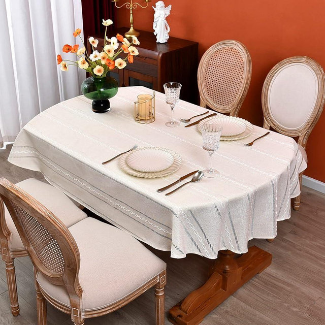 Monibana Rustic Oval Ivory White Cotton Linen Tablecloths Embroidered Farmhouse Spring Table Cloths, Kitchen Dining Room Party Tablecloth Table Cover for Oval Tables, 60 x 104 Inches