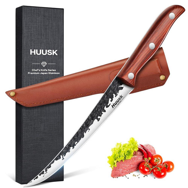 Huusk Brisket Trimming Knife,Fillet Knife for Meat,Curved Boning Knives 7 Inch, Hand Forged Meat Trimming Knife,Japanese Boning Knife Meat Butcher Knife for Fish Chincken Gift for Dad