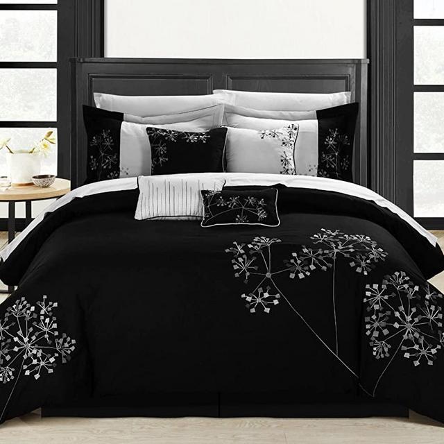 Chic Home 8-Piece Embroidered Comforter Set Complete Embroidery Pattern Bag with Bed Skirt and Decorative Pillows Shams, King, Floral Black White