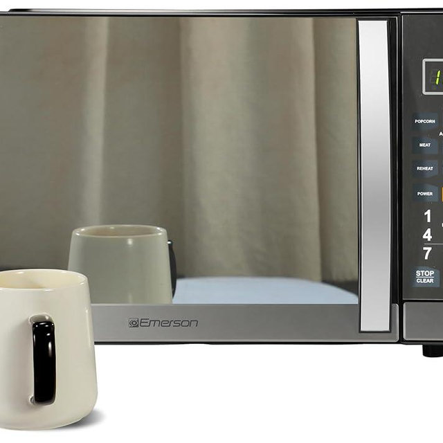 Emerson MWG1191SB Countertop Microwave Oven with 1100W Grill Function, Sleek Mirrored Finish 10 Power Levels, 6 Auto Menus, Glass Turntable and Child Safe Lock, 1.1 Cu. Ft, Stainless Steel