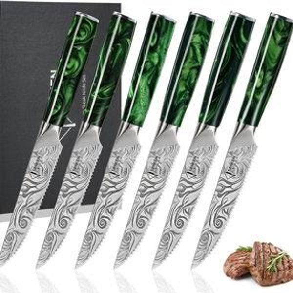 SENKEN Professional Steak Knife Set with Beautiful Engraved Pattern - Wasabi Collection - Razor Sharp Serrated High Carbon Steel & Emerald Green Resin Handle (6 Piece Steak Knife Set)