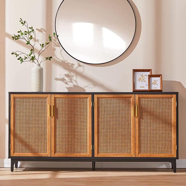 AMERLIFE Sideboard Buffet Cabinet with Woven Natural Rattan Doors and Adjustable Shelf, Vantage Kitchen Storage Liquor Cabinet, Console Table for Living Room, Dining Room, Hallway, Black