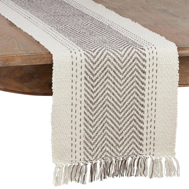 Saro Lifestyle Cotton Table Runner With Kantha Stitch Design, Grey, 16" x 108"